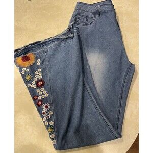 Y2K Embroidered Bell Bottom Wide Leg High Rise Distressed Raw Hem Med Wash XL